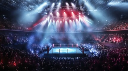 An empty boxing ring in a large arena with bright lights and a packed audience.