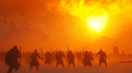 Fototapeta premium Frozen Viking Warriors: Training in Winter Sunset at Settlement with Snow-Covered Mountains | Ultra-Detailed Historical Scene