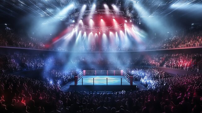 An empty boxing ring in a large arena with bright lights and a packed audience.