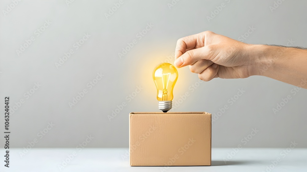Aufkleber Hand pulling a light bulb out of a box symbolizing the concept of thinking outside the box finding creative solutions and embracing new perspectives for innovation and breakthrough ideas