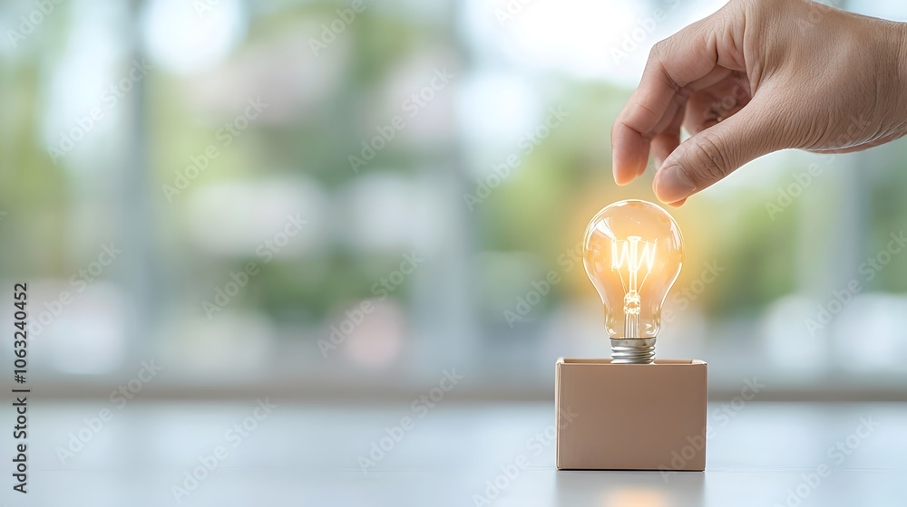 Poster Hand Removing Light Bulb from Box Symbolizing Innovative Thinking and Exploring New Opportunities for Growth and Breakthrough Solutions