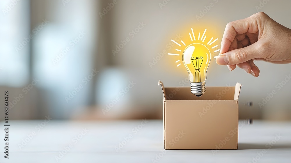 Poster hand pulling a light bulb from a box symbolizing the concept of thinking outside the box embracing n