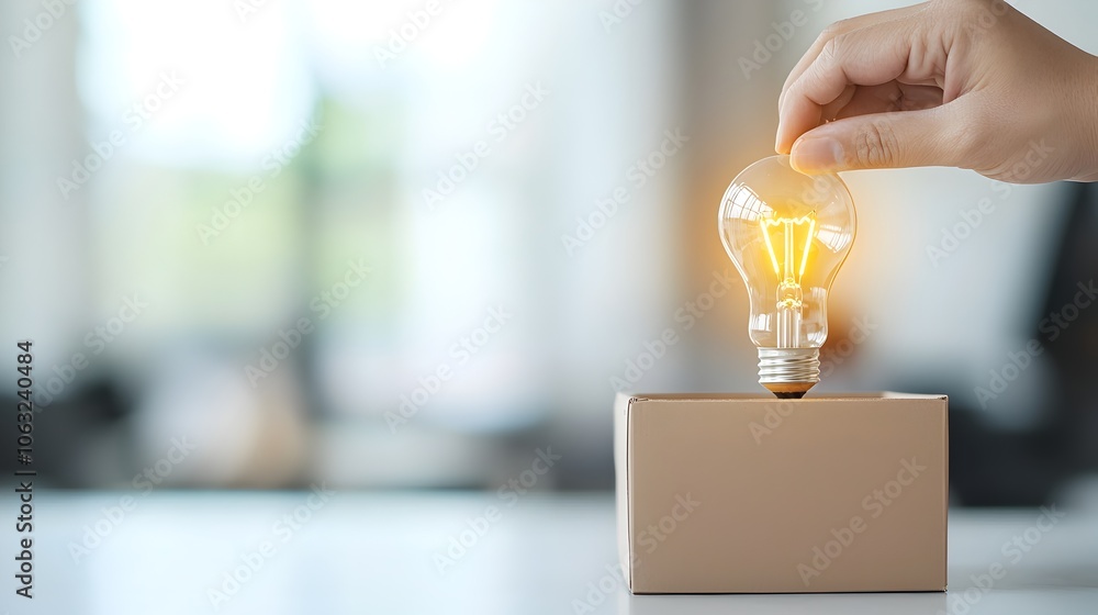 Poster hand pulling a light bulb out of a box symbolizing the concept of thinking outside the box represent