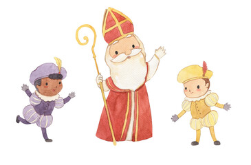 Watercolor Sinterklaas with helpers illustration for kids