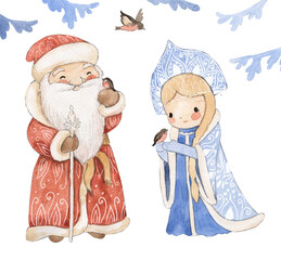 Watercolor Santa Claus and Snow Maiden,  Ded Moroz illustration for kids
