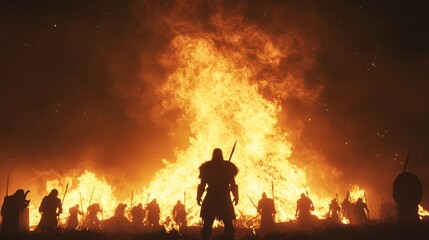 Intense Viking Warrior at Bonfire, Night Raid Preparation under Starry Sky - Ultra-Detailed Historical Scene