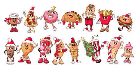 Groovy Christmas fast food cartoon characters set. Funny retro comic hotdog and chicken drumstick, pizza and burrito, taco. Christmas mascots, cartoon collection of 70s 80s style vector illustration