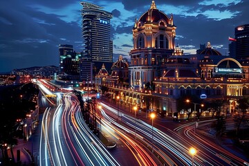 Naklejka premium Light trails created by cars speeding past a backdrop of beautiful buildings in a city at night
