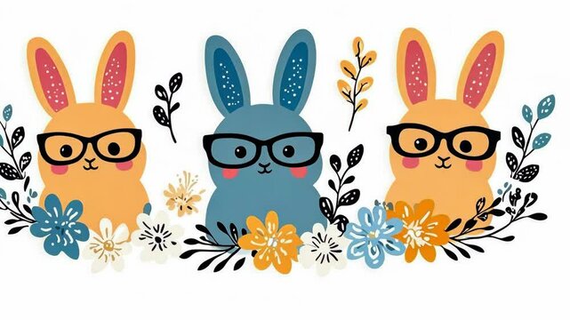 Three cute bunnies with glasses are surrounded by colorful flowers