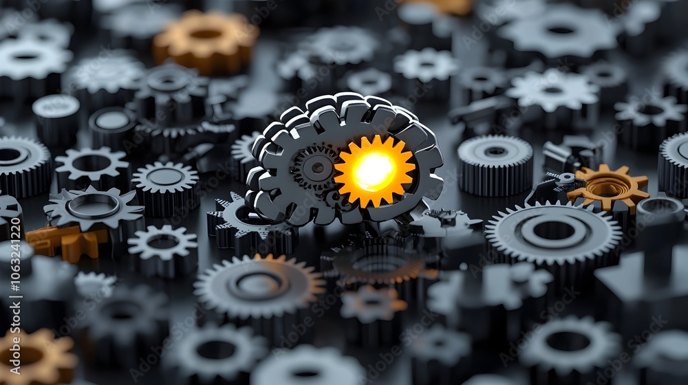 Aufkleber innovative brain composed of metallic gears with one glowing gear representing the spark of creative