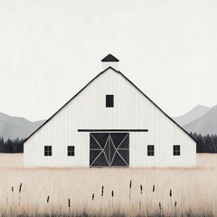 A serene white barn set against a minimalist landscape of mountains and grass.