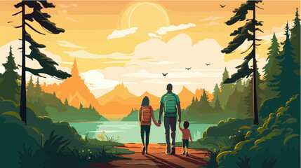 Flat illustration of family on a walk. Spending time together with family.