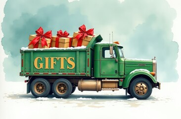 Cartoon green truck with gifts for Christmas and New Year. The word gifts is written on the case in gold