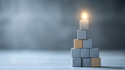 Glowing Tower of Blocks Symbolizing Reaching the Peak of Solutions and Celebrating a Milestone Success or Breakthrough