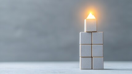 Glowing Block on Top of Stacked Blocks Symbolizing Reaching the Peak of Solutions and Achieving Success  Concept of Leadership Growth Innovation and Overcoming Challenges