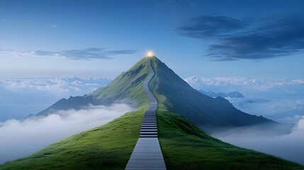Breathtaking mountain path winding through a serene landscape guiding the viewer towards a glowing peak that represents the ultimate goal triumph and success after a journey of challenge and growth