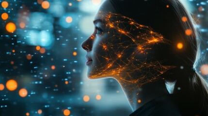 Futuristic Woman Side Profile with Glowing Neural Network and Pathways, Artificial Intelligence Concept, Technology and Human Connection