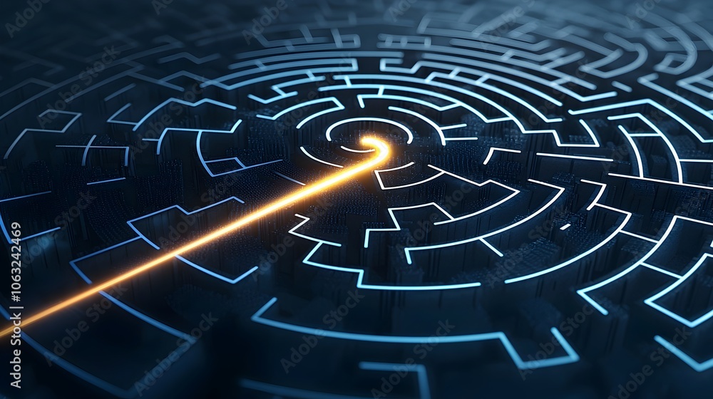 Poster abstract maze design with a vibrant glowing line symbolizing the search for a clear solution and optimal path forward  Minimalist digital representing creativity problem solving