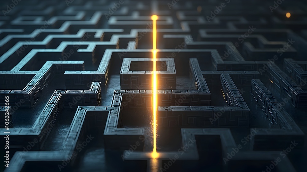 Aufkleber Abstract 3D maze with a radiant line finding the optimal path representing the clarity strategy and problem solving for innovative concepts and creative ideas