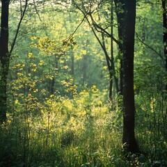 Obraz premium Spring forest glade with new foliage and early morning dew 