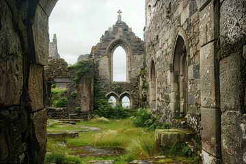 Fototapeta premium Ancient church ruins with stone walls and overgrown grass showing its age and the passage of time
