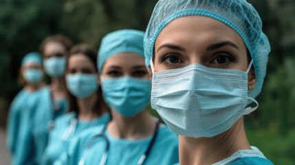 Group of focused medical professionals wearing protective surgical masks and scrubs, standing in a line outdoors. The image emphasizes teamwork, dedication, and the importance of healthcare