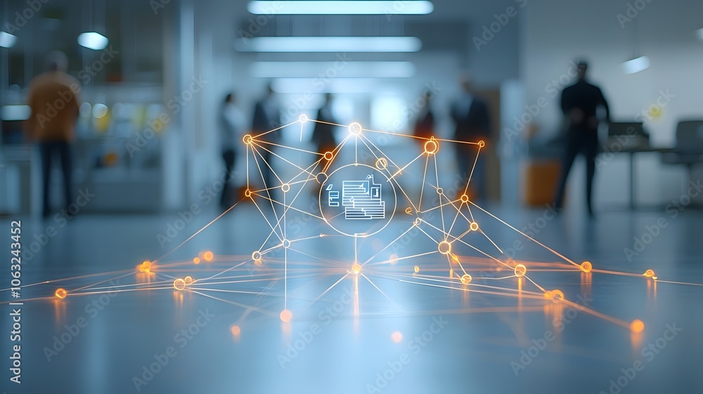 Poster Glowing network of interconnected lines and shapes forming a central focal point symbolizing the collaborative teamwork synergy and exchange of ideas within a team or organization