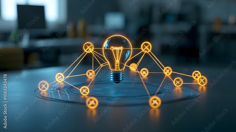 Poster Glowing network of interconnected lines converging on a central concept symbolizing the power of the synergy of shared ideas driving business success and innovation