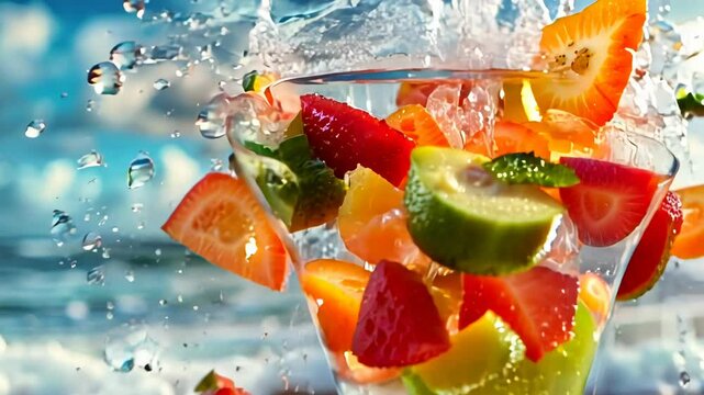Fruit and berry tropical cocktail on the beach by the sea and flying splashes