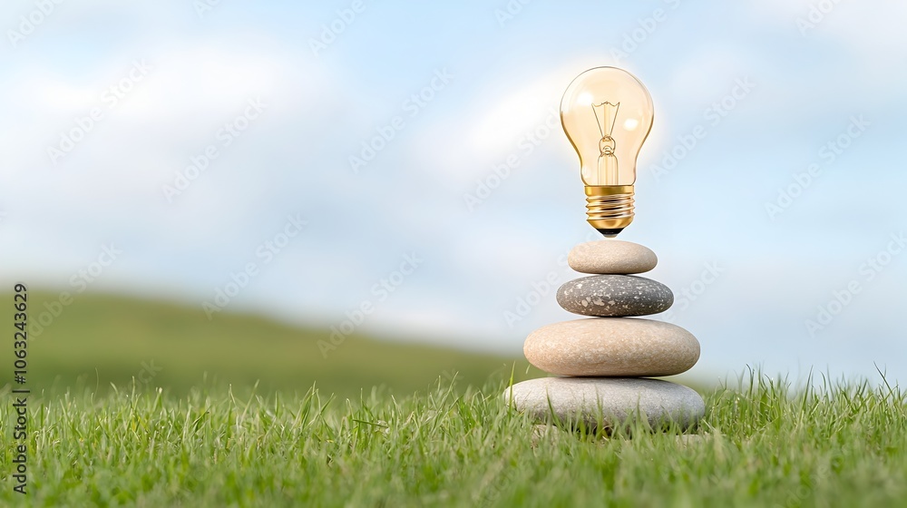 Poster Innovative solution concept represented by a light bulb balanced atop a stack of stones symbolizing equilibrium creativity and effective problem solving