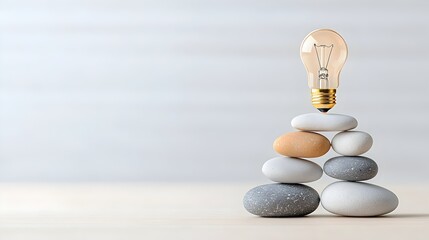 A light bulb balanced atop a stack of stones symbolizes the creative solution and innovative thinking needed to achieve a well balanced outcome