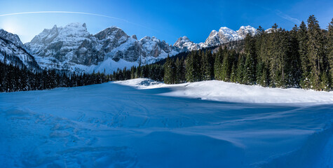 Julian Alps immersed in snow. Riofreddo Valley, wild and magical