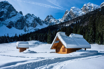 Julian Alps immersed in snow. Riofreddo Valley, wild and magical