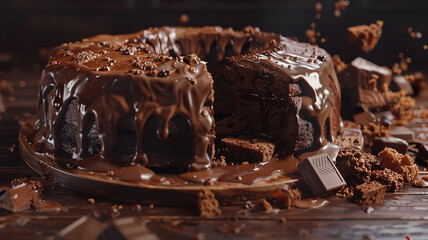 A close-up captures a large chocolate cake with multiple slices cut away, illustrating the concept of overindulgence in sweets.