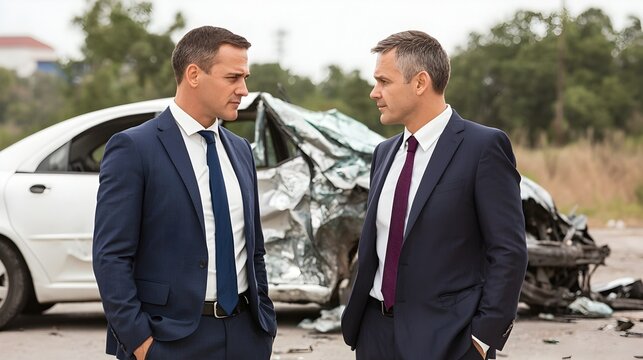 Insurance Agent Explaining Car Insurance Policy Features and Coverage to Customer Standing Near Damaged Automobile After Accident or Collision