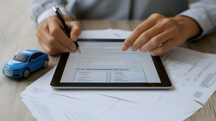 Fototapeta premium An individual examining car insurance alternatives on a digital tablet alongside paperwork and a toy vehicle model showcasing the research and decision making process for automobile coverage