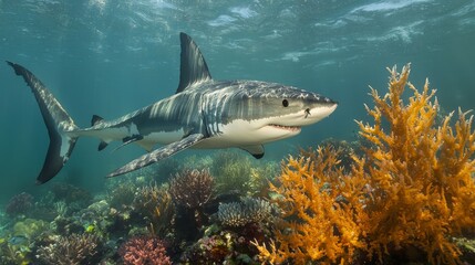 Fototapeta premium Great white shark gliding through shallow ocean waters, surrounded by a stunning array of colorful corals