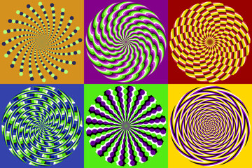 Vector set of circular striped and spiral patterns. Colorful circles with optical illusion of moving. Templates for background design.