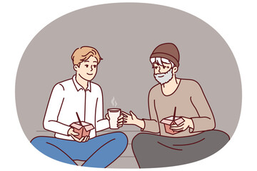 Successful man is having lunch with homeless person treating needy person with food for concept of social inequality. Homeless man asks for advice about businessman in hope of improving life