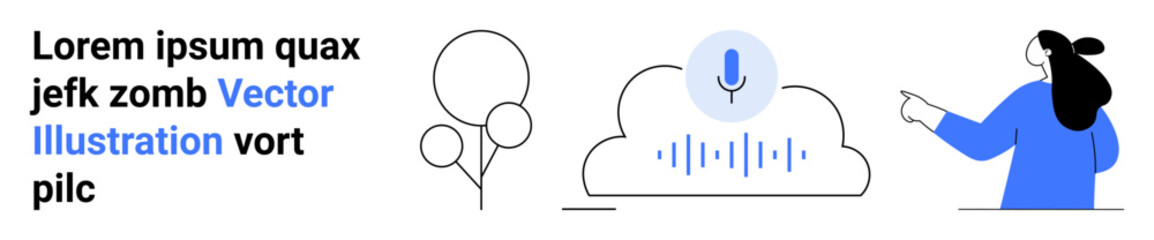 Female character in blue pointing towards cloud with microphone icon and sound wave graphics. Ideal for tech apps, voice assistants, cloud services, user guides, digital communication, software