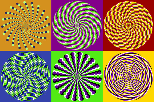 Vector set of circular striped and spiral patterns. Colorful circles with optical illusion of moving. Templates for background design.