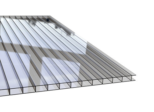 Clear multiwall polycarbonate sheet with a cellular structure, ideal for roofing, greenhouses, and architectural uses. Lightweight, durable, and transparent, showcased on a clear background
