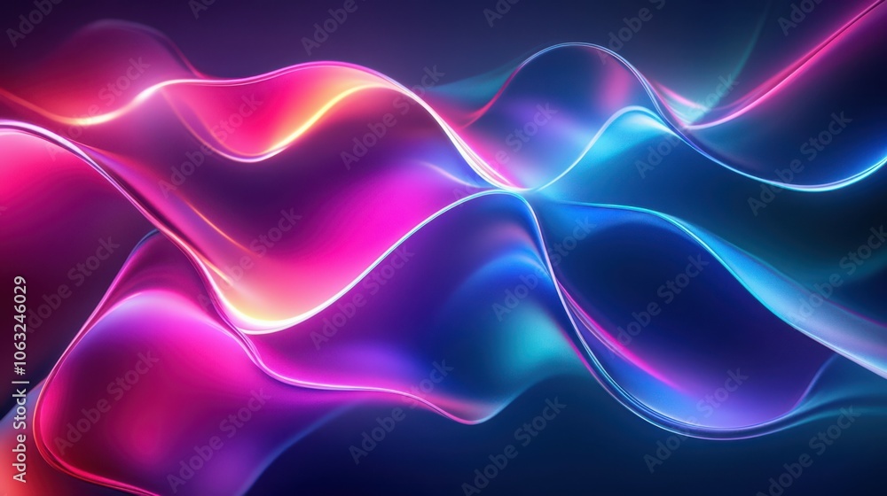 Poster holographic iridescent neon curved wave in motion bright background. gradient design element for ban