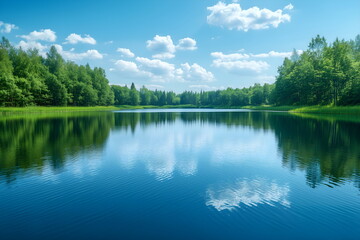 A calm lake reflecting a clear blue sky on a bright sunny day, with a white clouds above