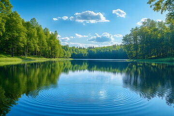 Obraz premium A calm lake reflecting a clear blue sky on a bright sunny day, with a white clouds above