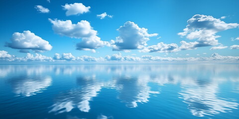 Obraz premium A calm lake reflecting a clear blue sky on a bright sunny day, with a white clouds above