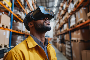 Man in VR headset in organized warehouse setting