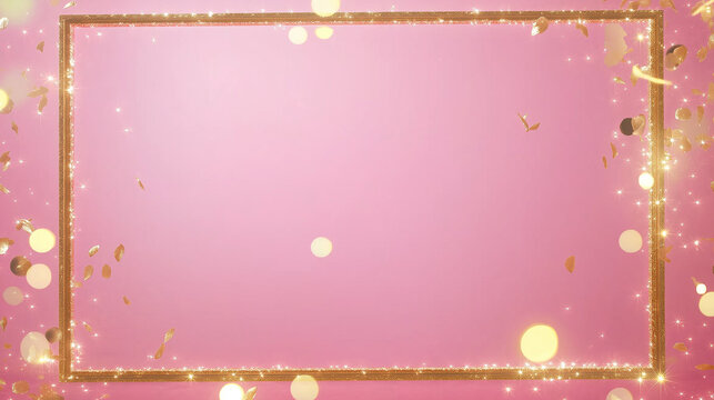 Golden rectangular frame decorated with shining golden lights isolated pink background. Copy paste area to add products and text.