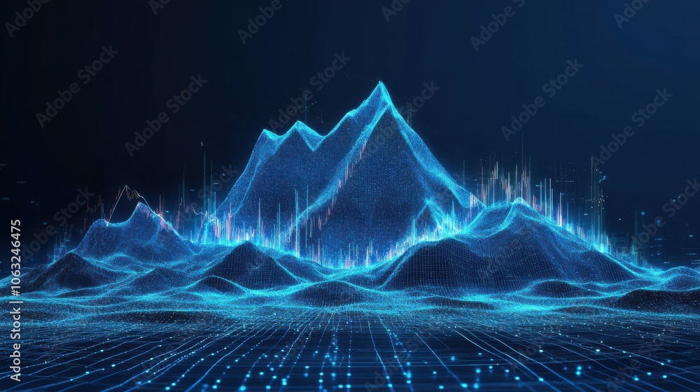 Poster hi-tech hologram of mountain ranges with glowing vector chart of investment financial data. stock ma