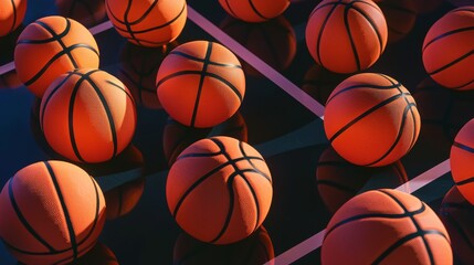 Obraz premium group of basketballs arranged in a symmetrical pattern on a basketball court